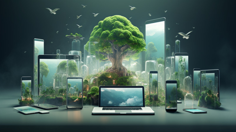 Ein Baum steht im Zentrum des Bildes in sphärischer Stimmung, dieser ist umrundet von verschiedenen Bildschirmen , die Naturaufnahmen zeigen