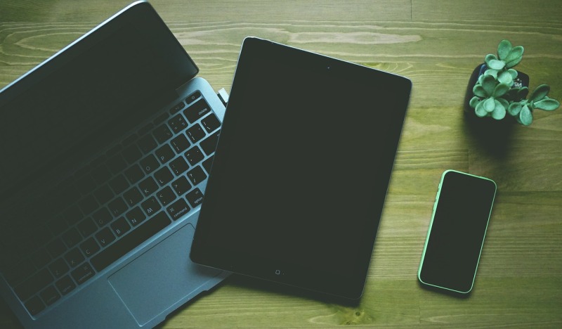 Ein Tablet, ein Smartphone und ein Laptop liegen neben einer Pflanze auf einer hölzernen Tischplatte 