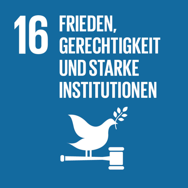 Symbol des Nachhaltigkeitsziels Nr.16 Frieden, Gerechtigkeit und starke Institutionen