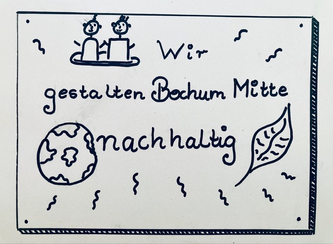 GeBoMi - Wir gestalten Bochum Mitte nachhaltig: In den Schriftzug sind eingebettet: zwei Menschen, die sich an den Händen halten, eine Erdkugel und ein Laubblatt