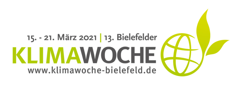 Logo Klimawoche Bielefeld e.V. mit Weltkugel aus der ein Blatt wächst