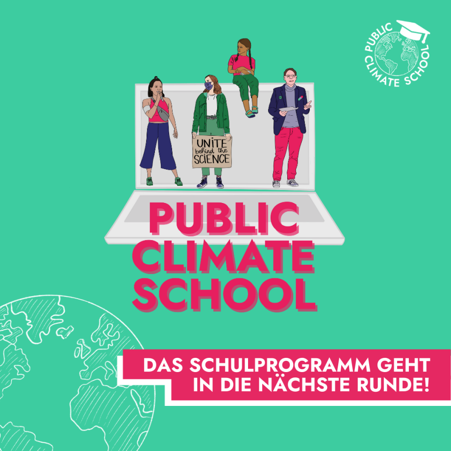 Logo Public Climate School mit Weltkugel auf grünem Hintergrund