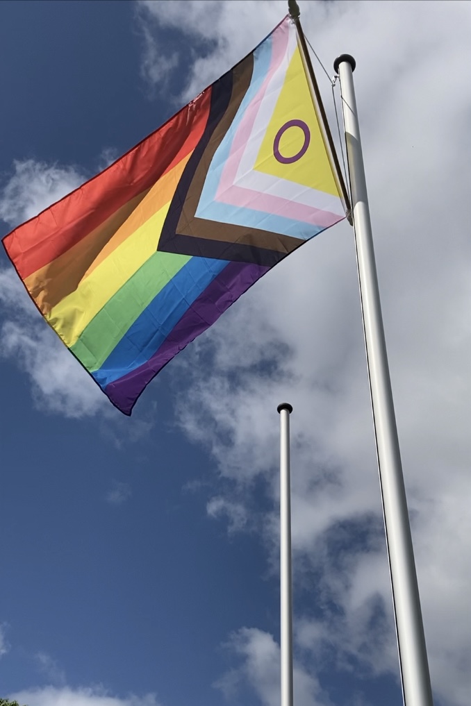 Abgebildet ist die Pride-Fahne vor dem Mariengymnasium Warendorf. 