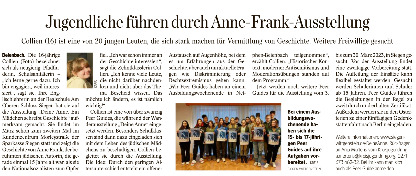 Abgebildet ist der Artikel der Westfälischen Rundschau vom 17. 12. 2022, in dem darüber berichtet wird, dass im März 2023  zu sogenannten Peer Guides ausgebildete Schülerinnen und Schüler durch die Anne-Frank-Ausstellung im Kundenzentrum der Sparkasse Siegen führen.