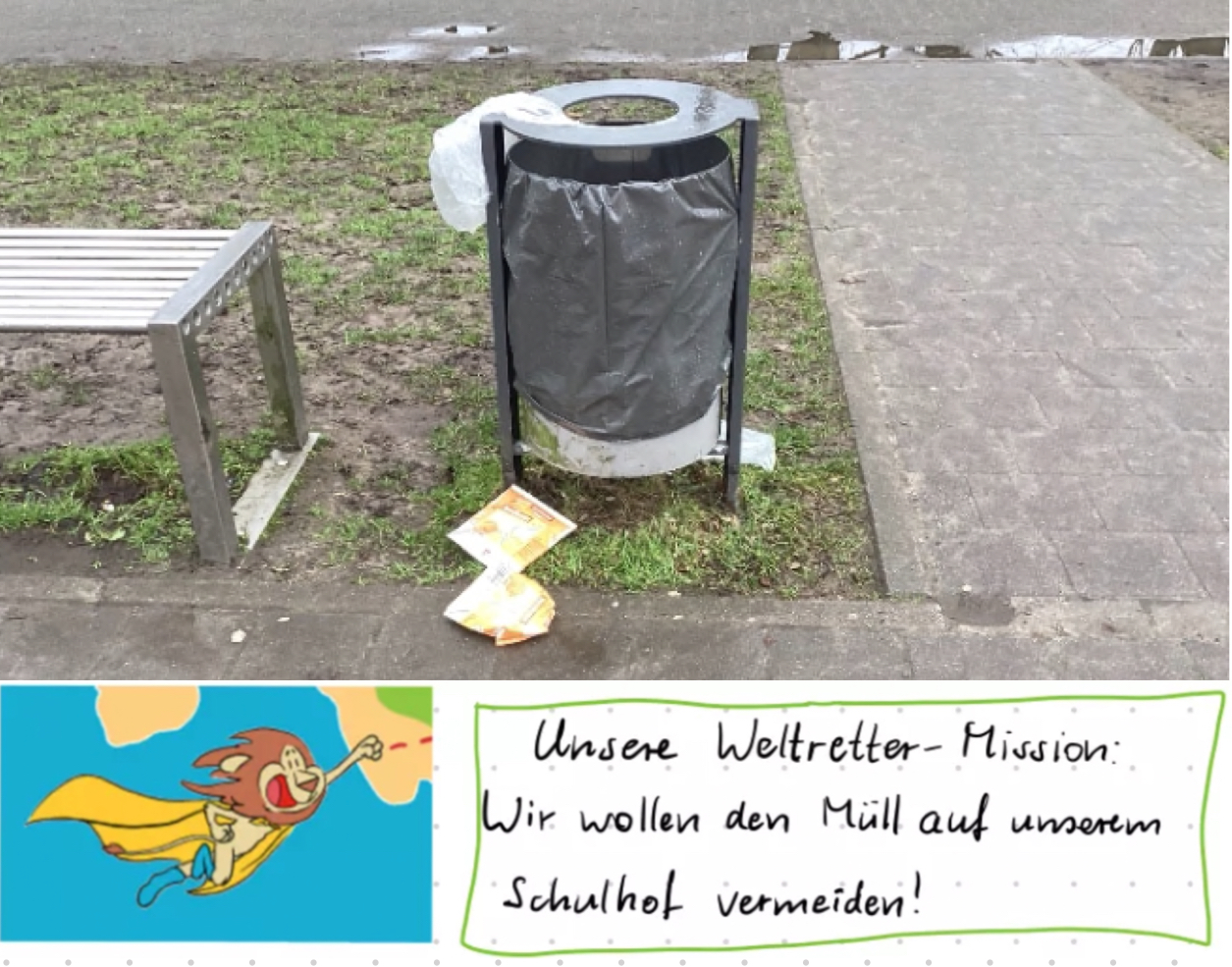 Collage: Oben: Foto eines Mülleimers auf dem Schulhof, vor dem zwei plattgetretene Getränkepackungen liegen. Unten links: Zeichnung des Weltretter Maskottchens, ein Löwe. Unten links: handschriftliche Notiz, Text: 