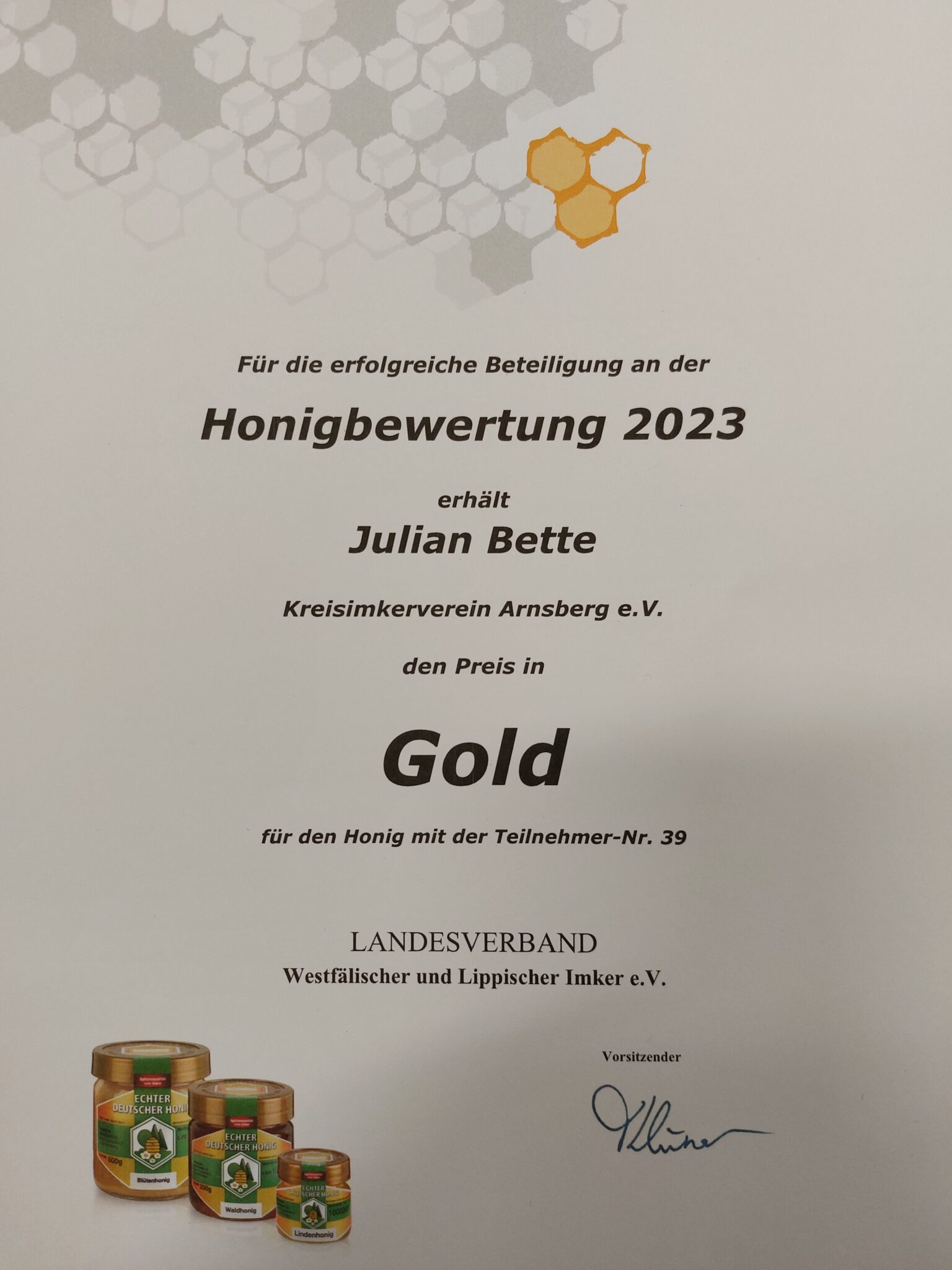 Auszeichnungsurkunde der Honigbewertung mit dem Prädikat Gold