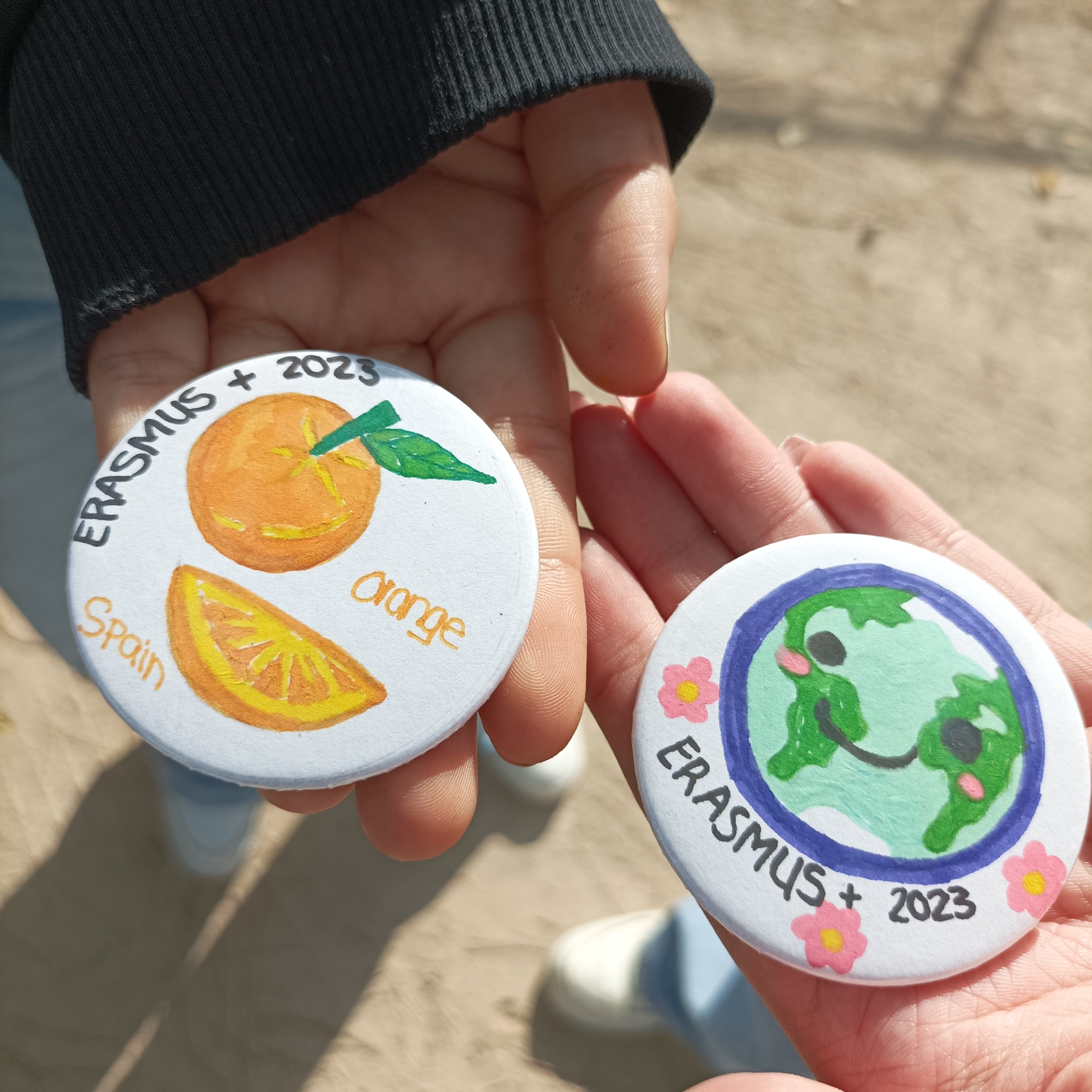 Die Schüler und Schülerinnen aus den drei Ländern erstellten Buttons zum Thema Nachhaltigkeit .