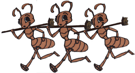 Drei Ameisen haben einen Besen geschultert und gehen los.