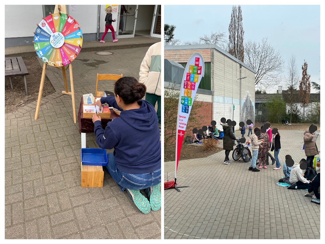 Collage: Lernbegleiterin bereitet das Glücksrad vor / Trödelmarkt: Kinder sind auf dem Schulhof und bieten ihr Spielzeug an. 