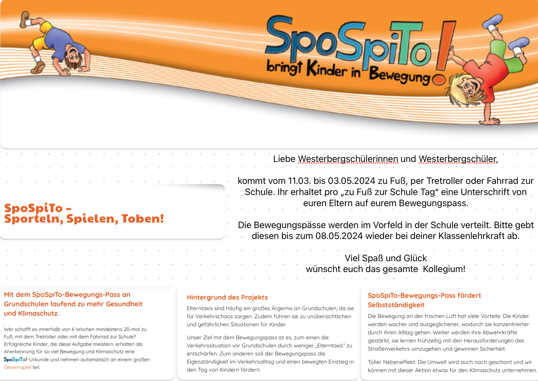 SpoSpiTo-Logo und Aufruf an alle Kinder der Westerbergschule zu Fuß zur Schule zu kommen.